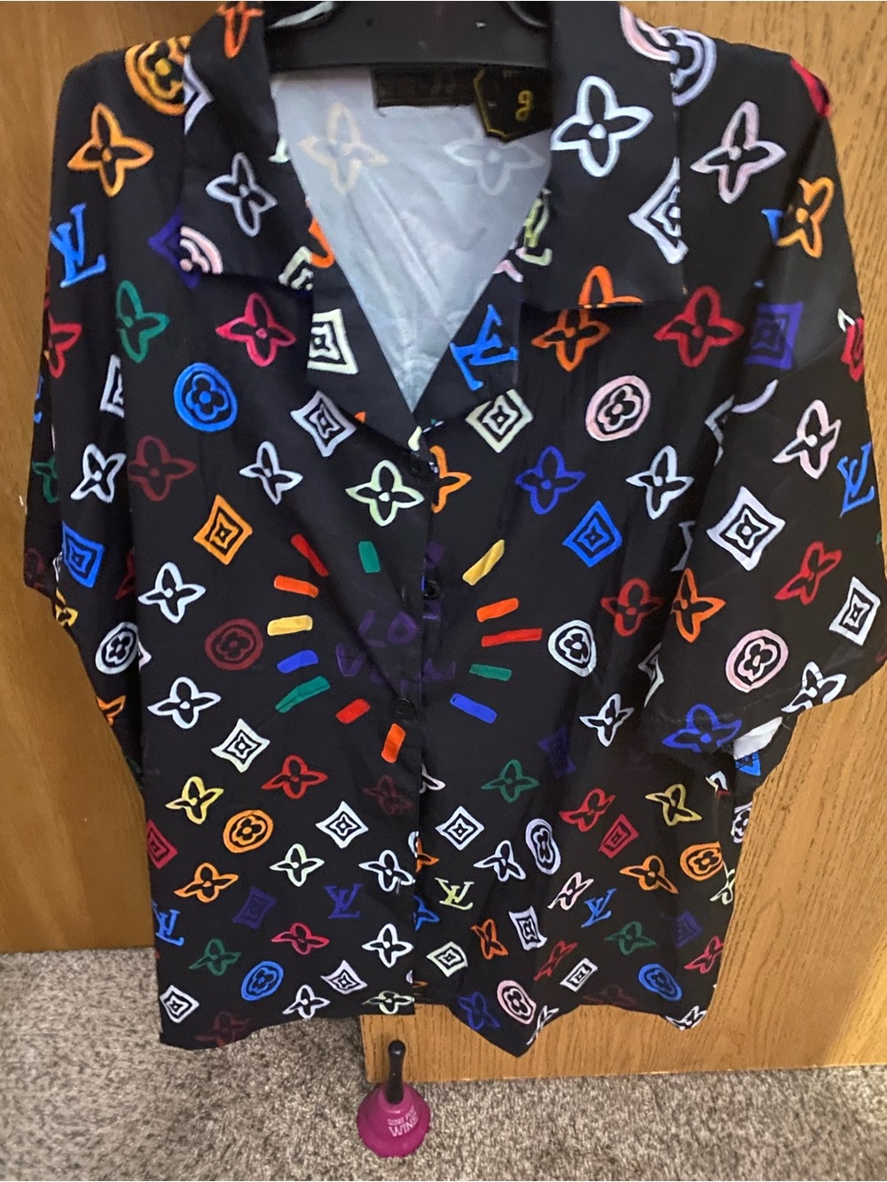 Black Multicolor Logo-Print Short Sleeve Button-Down Shirt